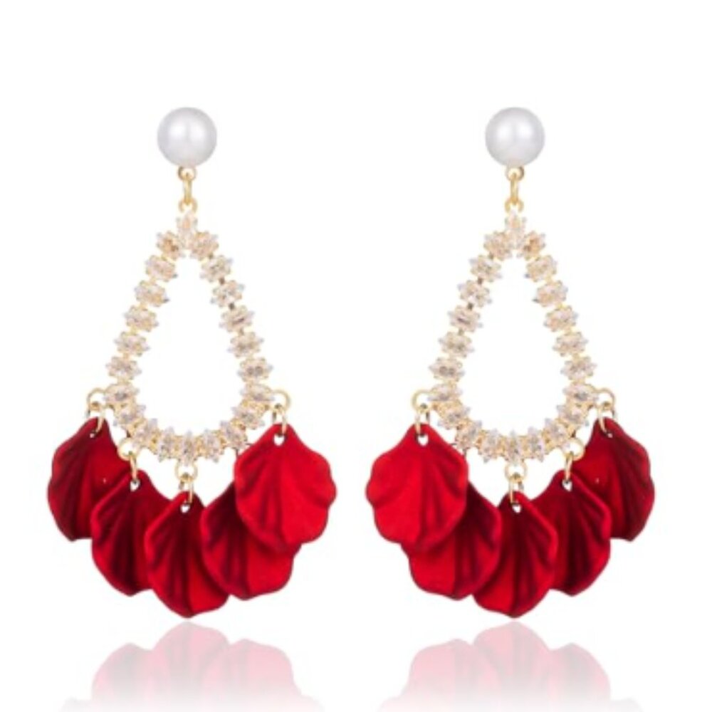 Red Rhinestone Hoop Flowers Earrings